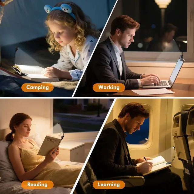 Alt view image 3 of 7 - 2 Pack 10 LED Rechargeable Book Light for Reading in Bed - Eye Caring 3 Color Temperatures, 3 Adjustable Brightness, Long Runtime Small Lightweight Clip On Book Reading Light for Studying