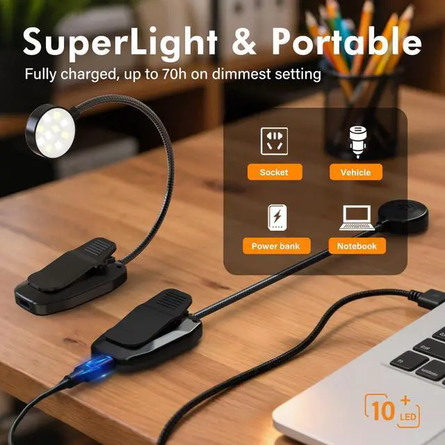Alt view image 5 of 7 - 2 Pack 10 LED Rechargeable Book Light for Reading in Bed - Eye Caring 3 Color Temperatures, 3 Adjustable Brightness, Long Runtime Small Lightweight Clip On Book Reading Light for Studying