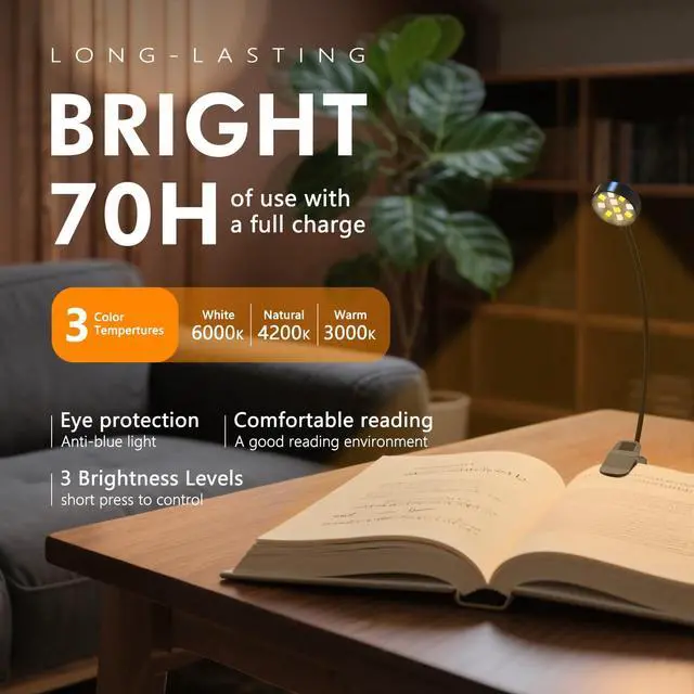 Alt view image 6 of 7 - 2 Pack 10 LED Rechargeable Book Light for Reading in Bed - Eye Caring 3 Color Temperatures, 3 Adjustable Brightness, Long Runtime Small Lightweight Clip On Book Reading Light for Studying