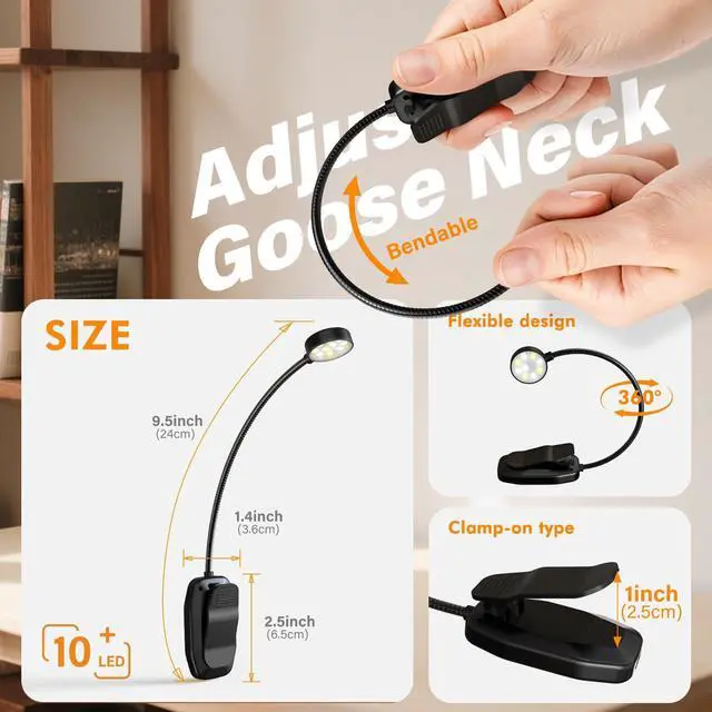 Alt view image 7 of 7 - 2 Pack 10 LED Rechargeable Book Light for Reading in Bed - Eye Caring 3 Color Temperatures, 3 Adjustable Brightness, Long Runtime Small Lightweight Clip On Book Reading Light for Studying