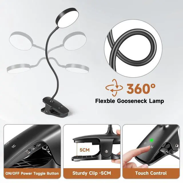 Alt view image 7 of 7 - Clip on Lamp,5 Brightness+5 Color Clip on Light,200LM 36 LED Reading Lights for Books in Bed,1800mAh Battery Powered Lamp Battery Operated Lights,Rechargeable Desk Lamp with Clamp Light