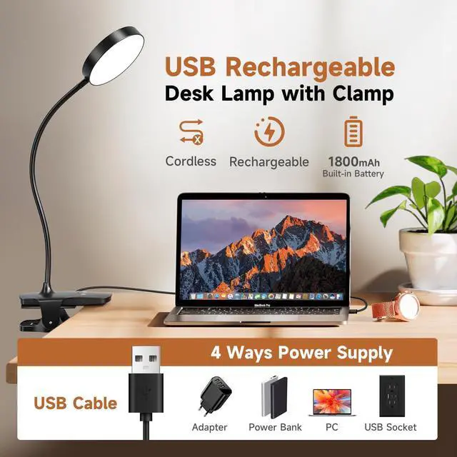 Alt view image 5 of 7 - Clip on Lamp,5 Brightness+5 Color Clip on Light,200LM 36 LED Reading Lights for Books in Bed,1800mAh Battery Powered Lamp Battery Operated Lights,Rechargeable Desk Lamp with Clamp Light