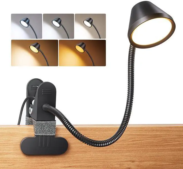 Main image of Clip on Light, 7W Reading Lights for Books in Bed with 5 Colors & Stepless Dimming, RG0 Eye-Care, Amber Glow Light & Auto Timer, Strong Clamp with Adapter for Headboard, Bedside, Desk, Black
