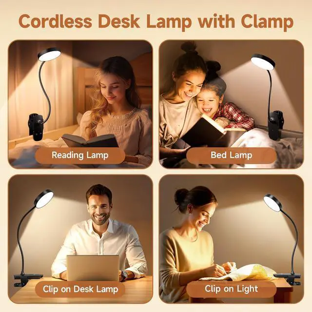 Alt view image 6 of 7 - Clip on Lamp,5 Brightness+5 Color Clip on Light,200LM 36 LED Reading Lights for Books in Bed,1800mAh Battery Powered Lamp Battery Operated Lights,Rechargeable Desk Lamp with Clamp Light