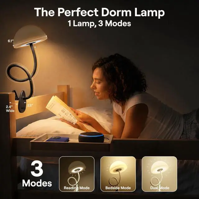Alt view image 2 of 6 - Clip On Light and Bed Headboard Lamp, Bedside Table Lamp for Dorm, College Dorm Room Essentials, Night Light for Kids Nursery, Clip on for Desk, MultiColor LEDs, Adapter Included (Black)