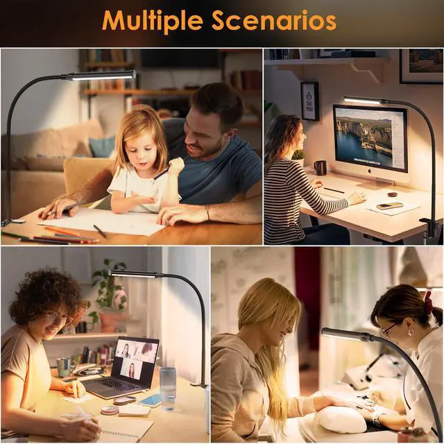 Alt view image 4 of 7 - LED Desk Lamp with Clamp, Clip On Desk Lamp for Home Office, 3000K Warm White & 11 Brightness Level, Flexible Gooseneck Architect Desk Light, Eye Caring Reading Lamp with USB Adapter