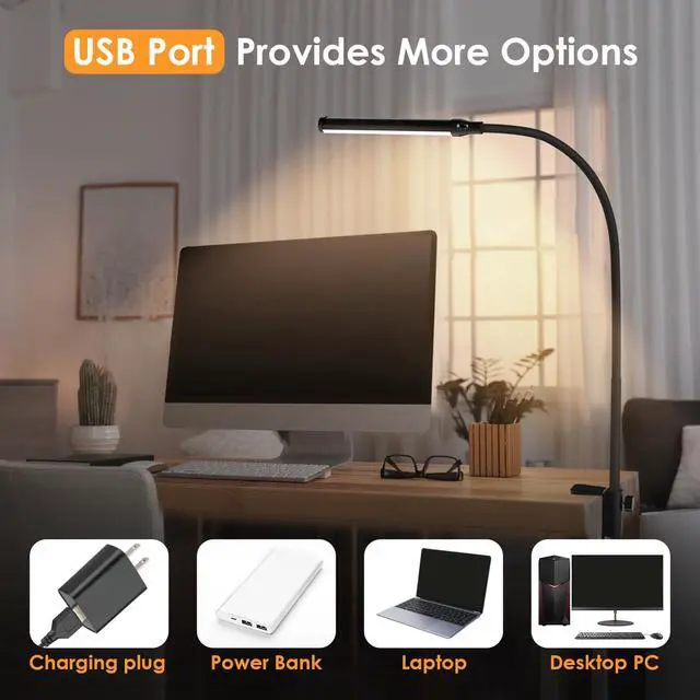 Alt view image 6 of 7 - LED Desk Lamp with Clamp, Clip On Desk Lamp for Home Office, 3000K Warm White & 11 Brightness Level, Flexible Gooseneck Architect Desk Light, Eye Caring Reading Lamp with USB Adapter
