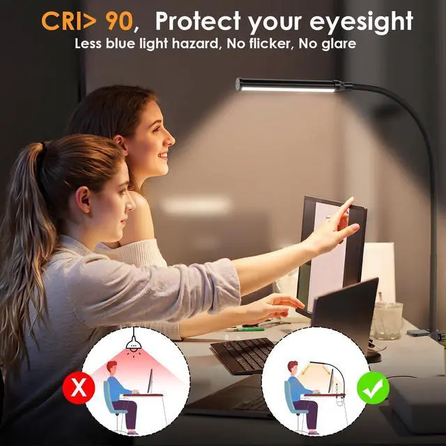 Alt view image 3 of 7 - LED Desk Lamp with Clamp, Clip On Desk Lamp for Home Office, 3000K Warm White & 11 Brightness Level, Flexible Gooseneck Architect Desk Light, Eye Caring Reading Lamp with USB Adapter