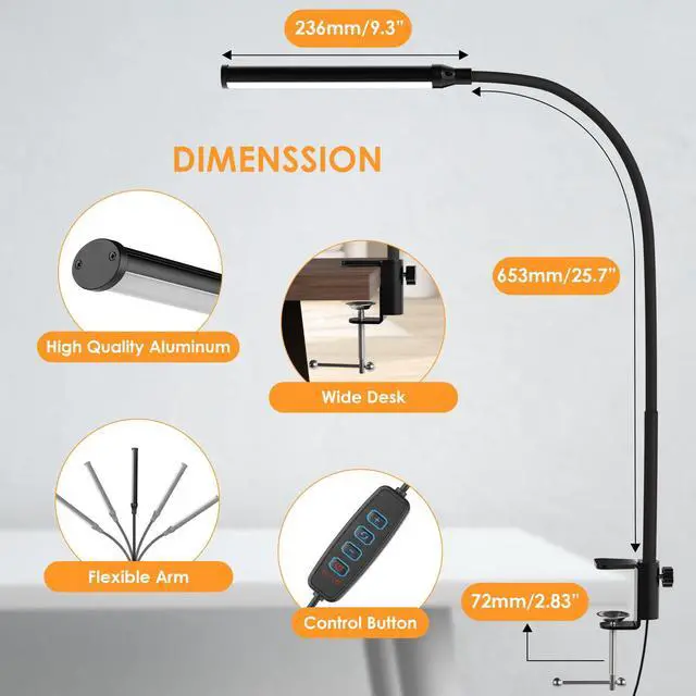 Alt view image 7 of 7 - LED Desk Lamp with Clamp, Clip On Desk Lamp for Home Office, 3000K Warm White & 11 Brightness Level, Flexible Gooseneck Architect Desk Light, Eye Caring Reading Lamp with USB Adapter