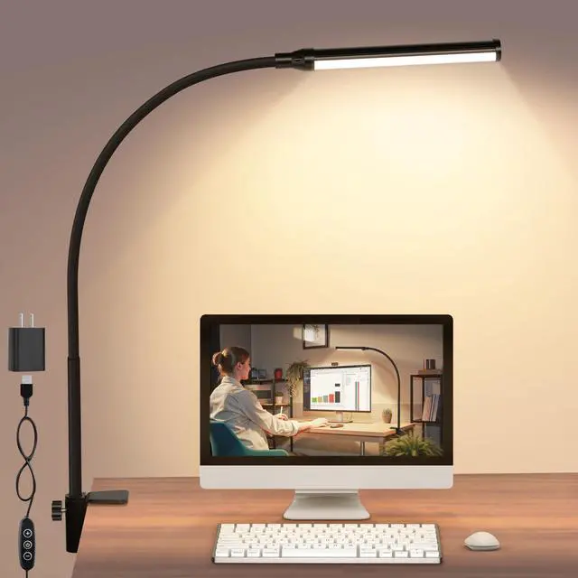 Main image of LED Desk Lamp with Clamp, Clip On Desk Lamp for Home Office, 3000K Warm White & 11 Brightness Level, Flexible Gooseneck Architect Desk Light, Eye Caring Reading Lamp with USB Adapter