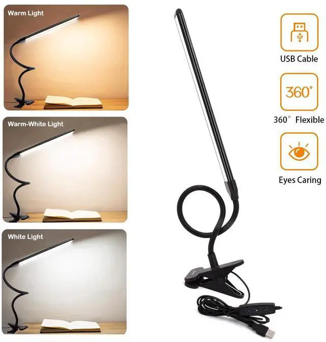 Alt view image 2 of 7 - Clamp on Lamp, Clip Light, Desk Lamps 3 Color Temperature Setting, 10 Brightness Levels, 2m USB Cord Power Supply and AC Adapter Included, Pack of 2 (Black)
