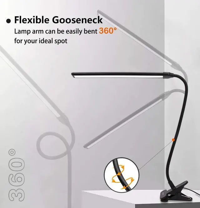 Alt view image 3 of 7 - Clamp on Lamp, Clip Light, Desk Lamps 3 Color Temperature Setting, 10 Brightness Levels, 2m USB Cord Power Supply and AC Adapter Included, Pack of 2 (Black)
