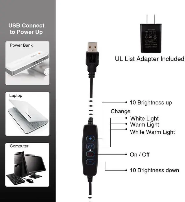 Alt view image 5 of 7 - Clamp on Lamp, Clip Light, Desk Lamps 3 Color Temperature Setting, 10 Brightness Levels, 2m USB Cord Power Supply and AC Adapter Included, Pack of 2 (Black)