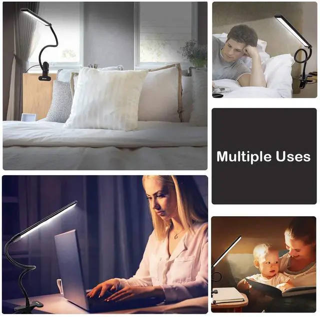 Alt view image 7 of 7 - Clamp on Lamp, Clip Light, Desk Lamps 3 Color Temperature Setting, 10 Brightness Levels, 2m USB Cord Power Supply and AC Adapter Included, Pack of 2 (Black)
