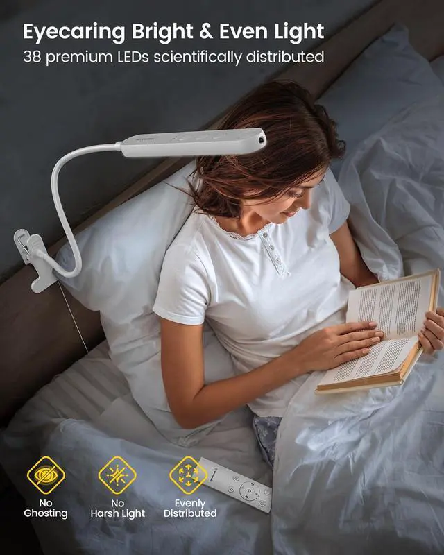 Alt view image 2 of 6 - 5W Clip On Light, 38 LED Eye Caring Book Lights for Reading at Night - 5 Color & 5 Brightness with a Remote, 30-Min Auto Off Timer, Bed Headboard Clip on Lamp for Reading/Studying/Working