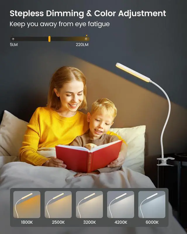 Alt view image 4 of 6 - 5W Clip On Light, 38 LED Eye Caring Book Lights for Reading at Night - 5 Color & 5 Brightness with a Remote, 30-Min Auto Off Timer, Bed Headboard Clip on Lamp for Reading/Studying/Working