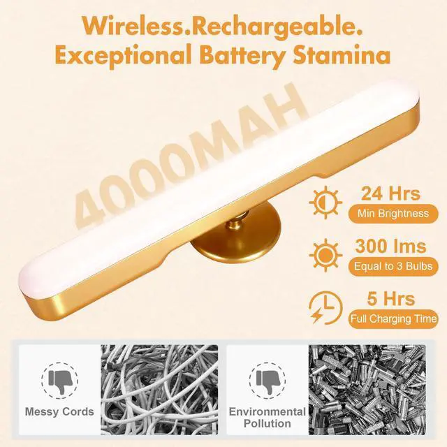 Alt view image 4 of 7 - Set of 2 Wireless Vanity Makeup Lights for Mirror, Rechargeable LED Stick On Light Bar for Bathroom Mirror with Dimmable 3 CCT, Long Battery Life Cordless Light for Vanity Desk(Gold)