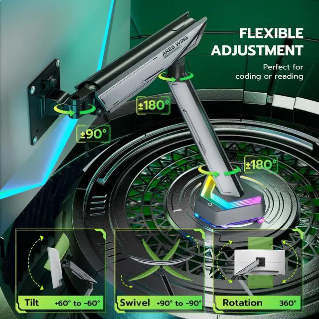 Alt view image 5 of 7 - RGB Single Monitor Arm Desk Mount for 17-45 inches Flat and Curved Monitors, Holds 35.2 lbs Heavy Duty, Adjustable Ultrawide Monitor Arm with Clamp & Grommet Base, 75/100 VESA Mount, Gray