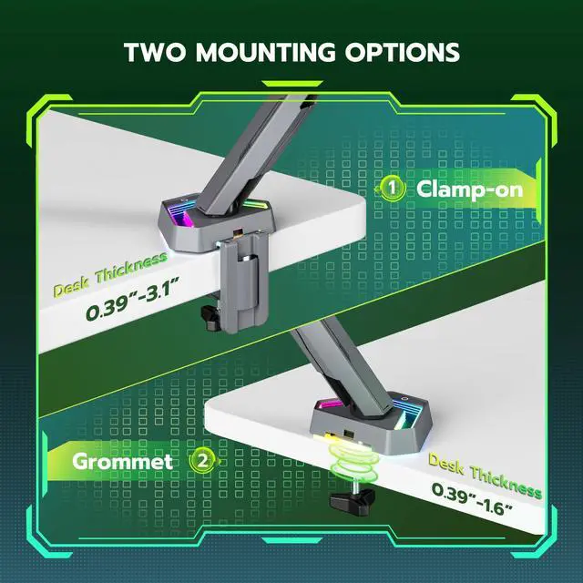 Alt view image 7 of 7 - RGB Single Monitor Arm Desk Mount for 17-45 inches Flat and Curved Monitors, Holds 35.2 lbs Heavy Duty, Adjustable Ultrawide Monitor Arm with Clamp & Grommet Base, 75/100 VESA Mount, Gray