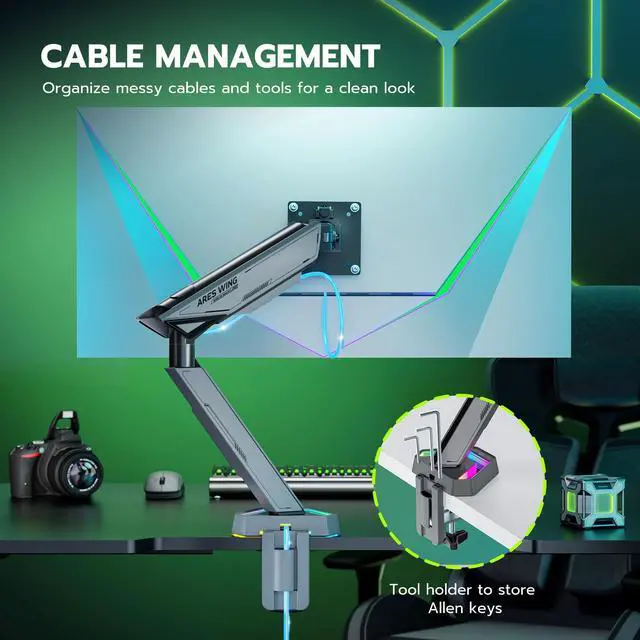 Alt view image 6 of 7 - RGB Single Monitor Arm Desk Mount for 17-45 inches Flat and Curved Monitors, Holds 35.2 lbs Heavy Duty, Adjustable Ultrawide Monitor Arm with Clamp & Grommet Base, 75/100 VESA Mount, Gray
