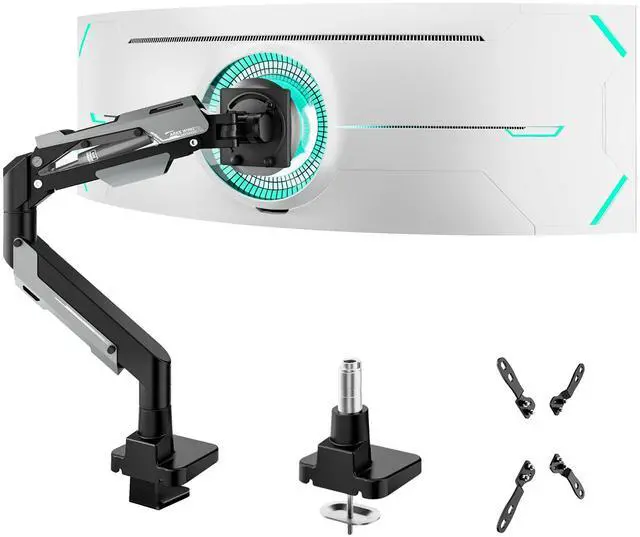 Main image of Heavy Duty Single Monitor Arm - Gas Spring Aluminum Monitor Mount for 24"-57" Ultrawide Screens up to 66 lbs with Clamp/Grommet Desk Mount, 75/100/200 Vesa Mount, Black