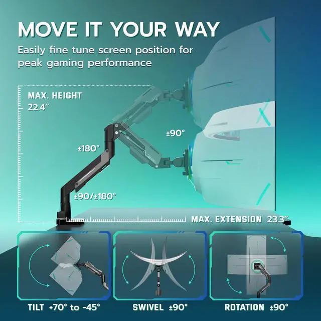 Alt view image 7 of 7 - Heavy Duty Single Monitor Arm - Gas Spring Aluminum Monitor Mount for 24"-57" Ultrawide Screens up to 66 lbs with Clamp/Grommet Desk Mount, 75/100/200 Vesa Mount, Black