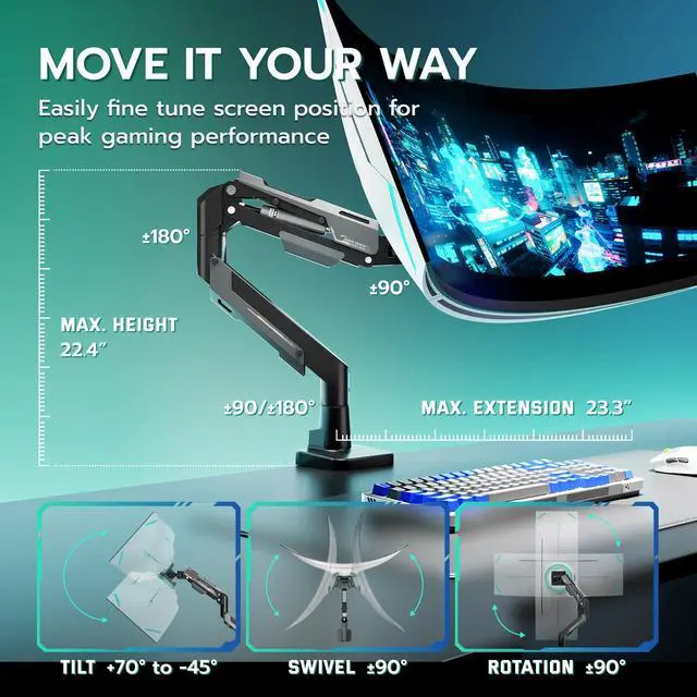Alt view image 6 of 7 - Heavy Duty Single Monitor Arm - Gas Spring Aluminum Monitor Mount for 24"-57" Ultrawide Screens up to 66 lbs with Clamp/Grommet Desk Mount, 75/100/200 Vesa Mount, Black