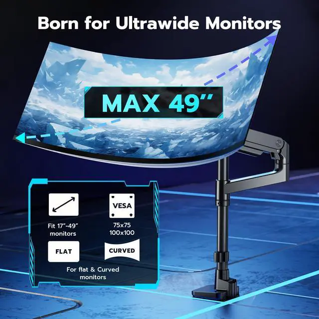 Alt view image 4 of 7 - Single Monitor Arm Desk Mount for 17-49 Inch Ultrawide Monitors, Heavy Duty Single Monitor Arm Holds 44 lbs, Full Motion Gas Spring Vertical Desk Mount, 75/100 VESA Mount, Black