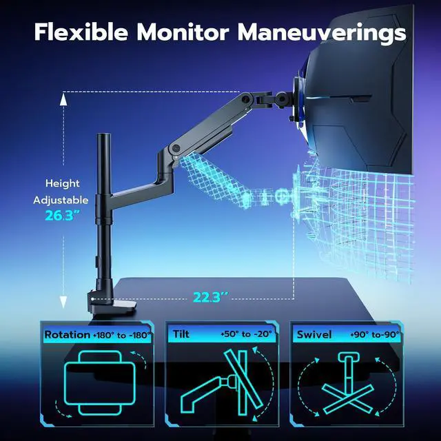 Alt view image 5 of 7 - Single Monitor Arm Desk Mount for 17-49 Inch Ultrawide Monitors, Heavy Duty Single Monitor Arm Holds 44 lbs, Full Motion Gas Spring Vertical Desk Mount, 75/100 VESA Mount, Black