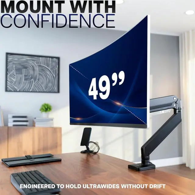 Alt view image 3 of 7 - Premium Aluminum Monitor Arm for Ultrawide Screens up to 49 inches and 33 lbs, Heavy Duty Single Desk Mount, Pneumatic Height, Max VESA 100x100, Black, STAND-V101G1