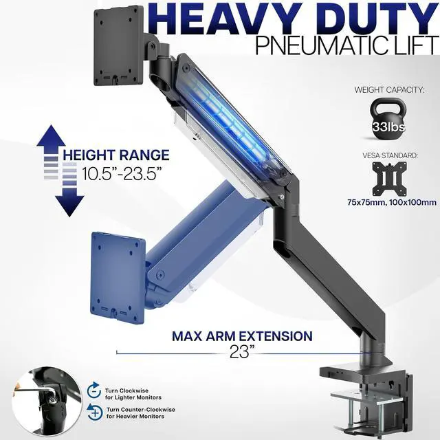 Alt view image 4 of 7 - Premium Aluminum Monitor Arm for Ultrawide Screens up to 49 inches and 33 lbs, Heavy Duty Single Desk Mount, Pneumatic Height, Max VESA 100x100, Black, STAND-V101G1