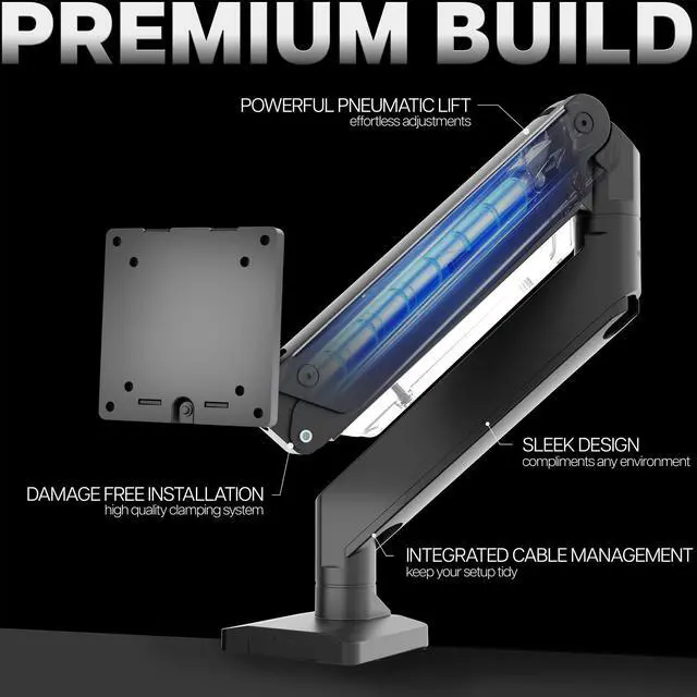 Alt view image 6 of 7 - Premium Aluminum Monitor Arm for Ultrawide Screens up to 49 inches and 33 lbs, Heavy Duty Single Desk Mount, Pneumatic Height, Max VESA 100x100, Black, STAND-V101G1