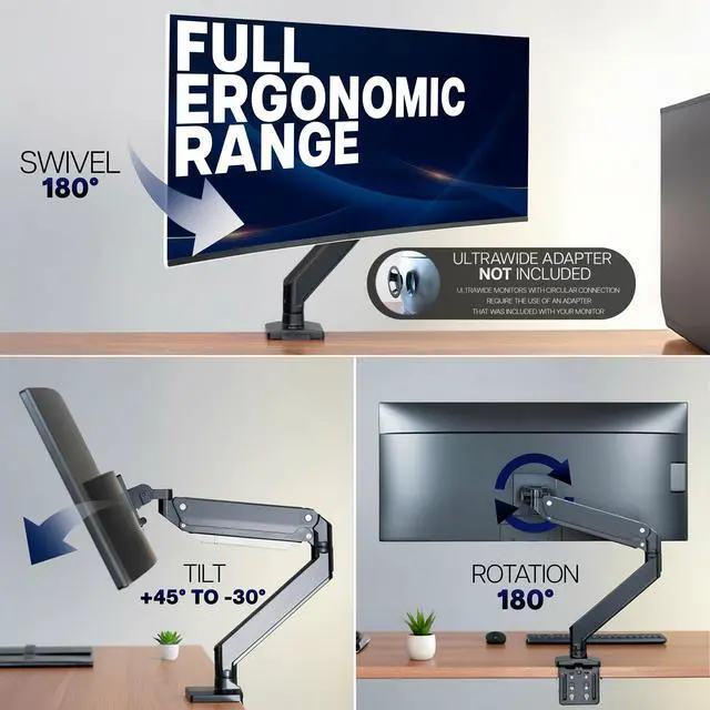 Alt view image 7 of 7 - Premium Aluminum Monitor Arm for Ultrawide Screens up to 49 inches and 33 lbs, Heavy Duty Single Desk Mount, Pneumatic Height, Max VESA 100x100, Black, STAND-V101G1