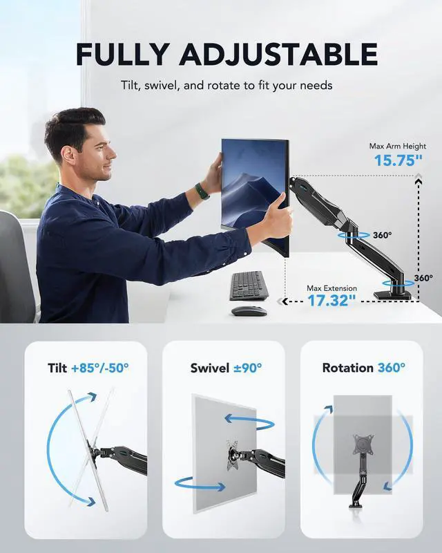 Alt view image 4 of 7 - FlowLift Single Monitor Mount, 13 to 32 Inch Monitor Arm, Adjustable Monitor Stand, Vesa Mount with Clamp and Grommet Base - Fits 4.4 to 19.8lbs LCD Computer Monitors