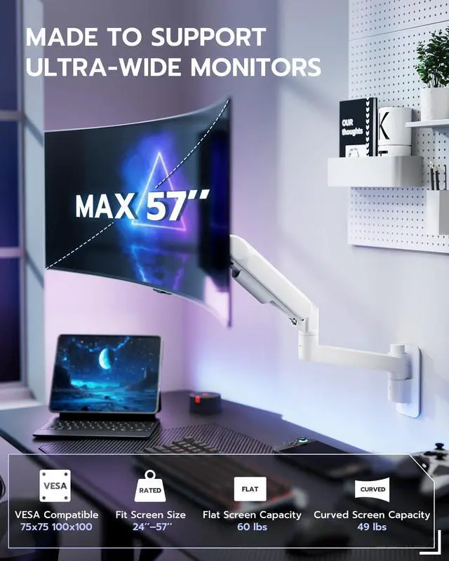Alt view image 2 of 7 - Monitor Wall Mount for 24-57 Inch Ultrawide Gaming Screens, Premium Heavy Duty Monitor Arm Holds 60 lbs, Full Motion Gas Spring, Bearing Head for Easy Adjustment, 75/100 VESA Mount, White