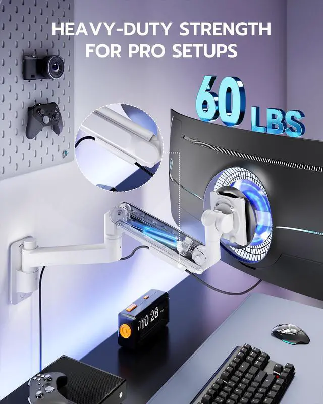 Alt view image 3 of 7 - Monitor Wall Mount for 24-57 Inch Ultrawide Gaming Screens, Premium Heavy Duty Monitor Arm Holds 60 lbs, Full Motion Gas Spring, Bearing Head for Easy Adjustment, 75/100 VESA Mount, White
