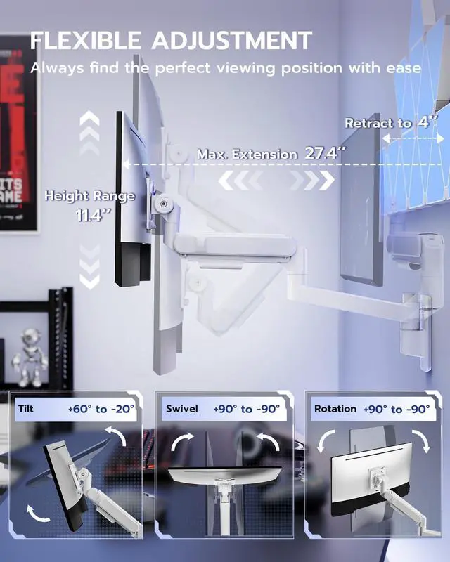 Alt view image 4 of 7 - Monitor Wall Mount for 24-57 Inch Ultrawide Gaming Screens, Premium Heavy Duty Monitor Arm Holds 60 lbs, Full Motion Gas Spring, Bearing Head for Easy Adjustment, 75/100 VESA Mount, White
