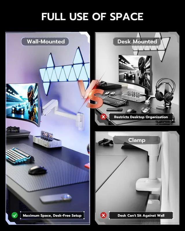Alt view image 5 of 7 - Monitor Wall Mount for 24-57 Inch Ultrawide Gaming Screens, Premium Heavy Duty Monitor Arm Holds 60 lbs, Full Motion Gas Spring, Bearing Head for Easy Adjustment, 75/100 VESA Mount, White