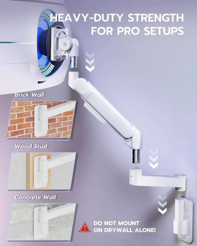 Alt view image 6 of 7 - Monitor Wall Mount for 24-57 Inch Ultrawide Gaming Screens, Premium Heavy Duty Monitor Arm Holds 60 lbs, Full Motion Gas Spring, Bearing Head for Easy Adjustment, 75/100 VESA Mount, White