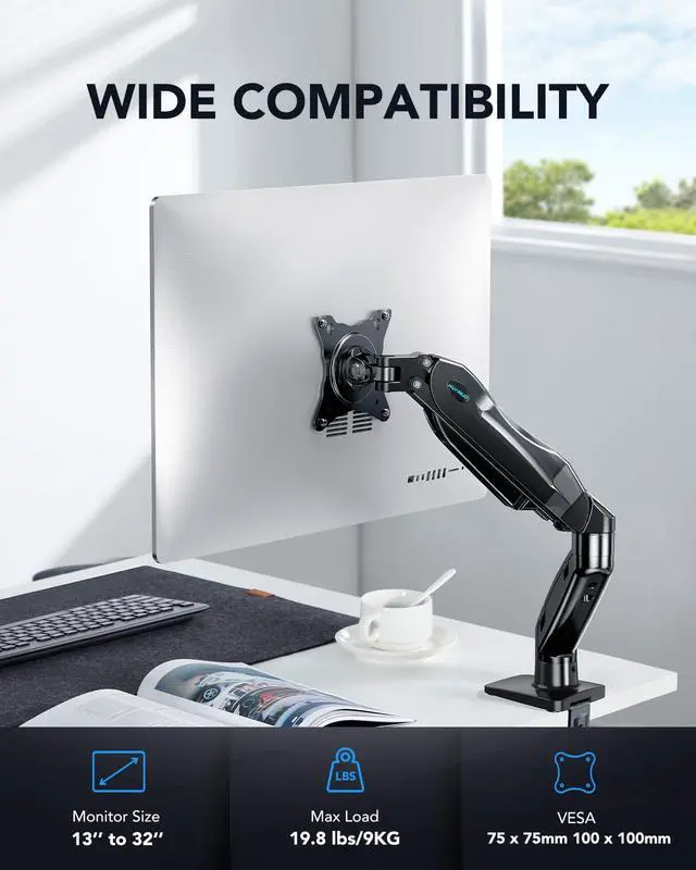 Alt view image 2 of 7 - FlowLift Single Monitor Mount, 13 to 32 Inch Monitor Arm, Adjustable Monitor Stand, Vesa Mount with Clamp and Grommet Base - Fits 4.4 to 19.8lbs LCD Computer Monitors