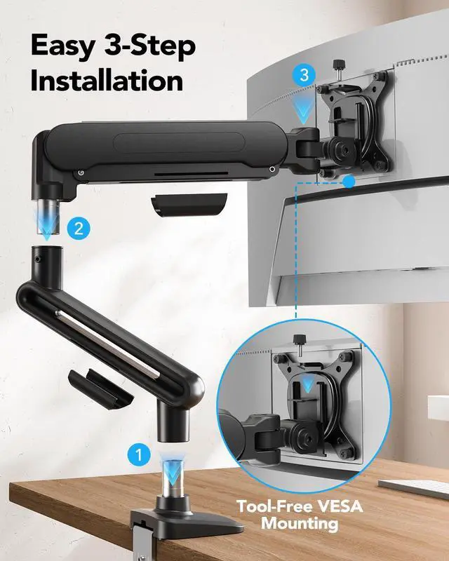 Alt view image 3 of 7 - Ultrawide Monitor Arm for 13 40" Screens, Single Monitor Mount Holds up to 26.4lbs, Adjustable Monitor Stand with C-Clamp & Grommet Base, VESA Mount 75x75mm/100x100mm