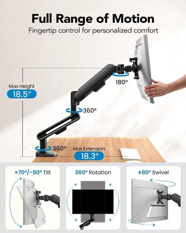 Alt view image 5 of 7 - Ultrawide Monitor Arm for 13 40" Screens, Single Monitor Mount Holds up to 26.4lbs, Adjustable Monitor Stand with C-Clamp & Grommet Base, VESA Mount 75x75mm/100x100mm