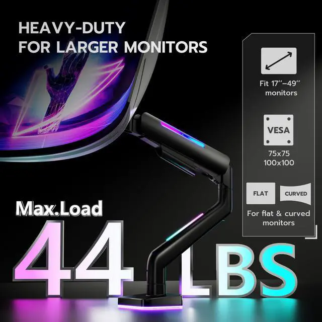 Alt view image 5 of 7 - Ultrawide Monitor arm for 17-49'' Heavy Duty Screen up to 44lbs, Gas Spring Single Monitor Arm with RGB Light, Adjustable Gaming Computer Monitor Arm for Desk, Black