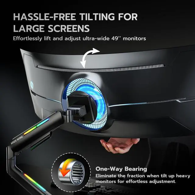 Alt view image 3 of 7 - Ultrawide Monitor arm for 17-49'' Heavy Duty Screen up to 44lbs, Gas Spring Single Monitor Arm with RGB Light, Adjustable Gaming Computer Monitor Arm for Desk, Black