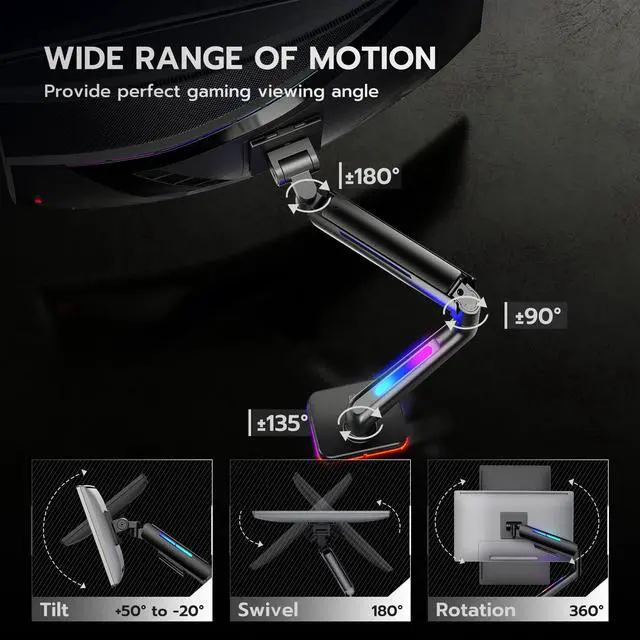 Alt view image 2 of 7 - Ultrawide Monitor arm for 17-49'' Heavy Duty Screen up to 44lbs, Gas Spring Single Monitor Arm with RGB Light, Adjustable Gaming Computer Monitor Arm for Desk, Black