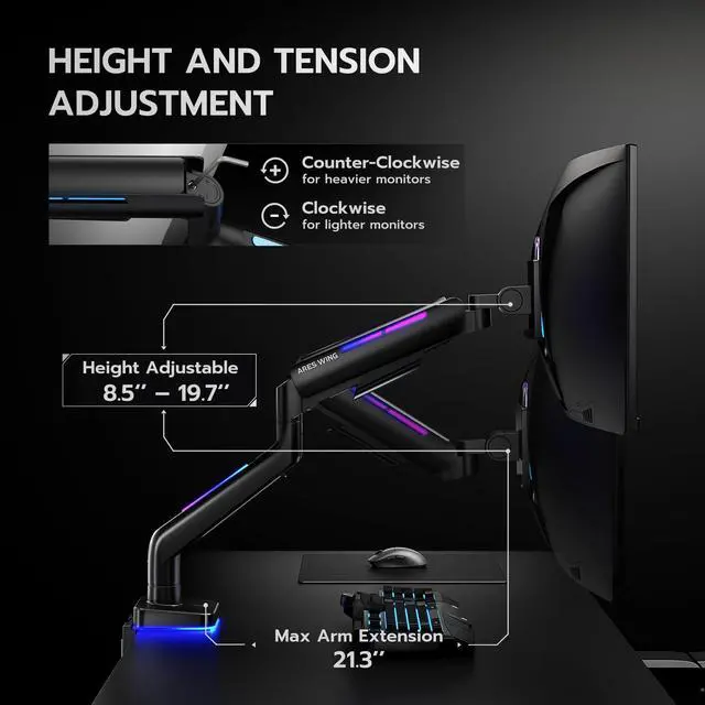 Alt view image 6 of 7 - Ultrawide Monitor arm for 17-49'' Heavy Duty Screen up to 44lbs, Gas Spring Single Monitor Arm with RGB Light, Adjustable Gaming Computer Monitor Arm for Desk, Black