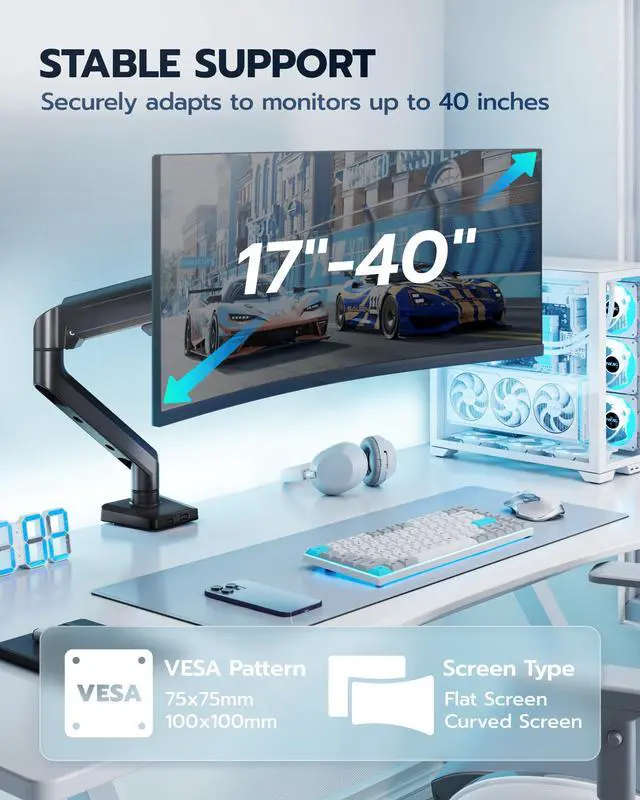 Alt view image 5 of 7 - Heavy Duty Single Monitor Arm - Fully Adjustable Monitor Mount for 17"-40" Ultrawide Screens up to 26.4 lbs with Clamp/Grommet Desk Mount, 75/100 Vesa Mount, Black
