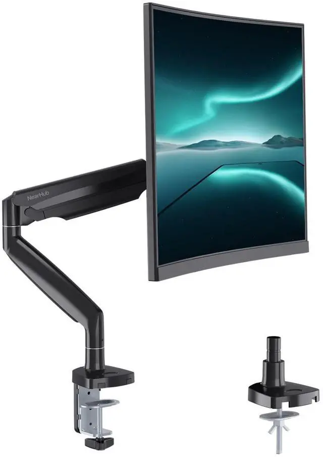 Main image of Curved Monitor Mount Single Arm Holds to 28.6 lbs, Ultrawide Monitor Stand for 35" Screens, C-Clamp & Grommet Base, +90° to-45° Tilt,180°Swivel,360° Rotation,VESA 75x75 or 100x100mm,for Curved/Flat