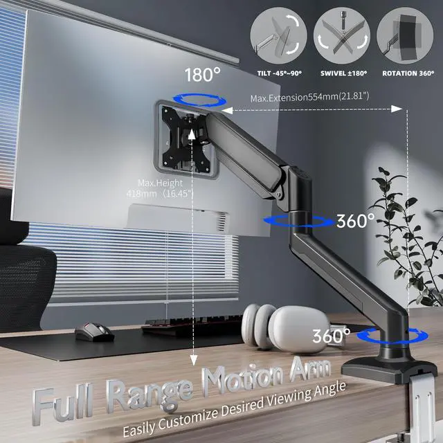 Alt view image 6 of 7 - Single Monitor Arm Desk MountGas Spring Monitors Arm for 17-32 inch Screens,Adjustable Computer Monitors Stand up to 4.4 to 19.8 lbs,Vesa Mount with Clamp and Grommet Base, VESA 75 & 100mm,Single