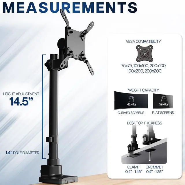 Alt view image 4 of 7 - Clamp-on Single Ultra Wide Monitor Desk Mount, Low Profile Heavy Duty Adjustable Stand for 1 Ultrawide Screen up to 57 inches, 59.4 lbs Capacity, Black, STAND-V157C